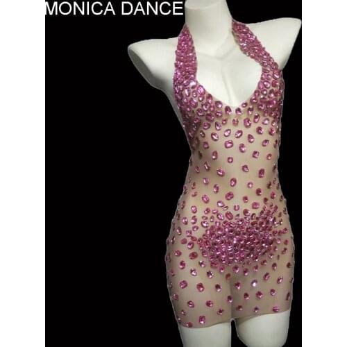Women Sexy Stage Pink Rhinestone Transparent Short Dress Dancer Prom Backless Halter Outfit Evening Birthday Celebrate Dress