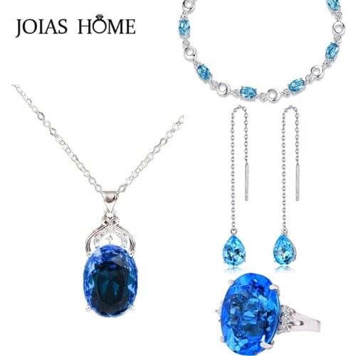 JoiasHome Trendy Women Silver 925 Jewelry Sets Ring Earrings Bracelet Necklace Four-piece-set Long Ear Drops Pendant Wedding Set