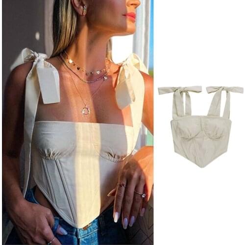 Women Tie Up Strap Crop Top Sexy Square Neck Solid Boned Corset Camisole Bustier LX9E