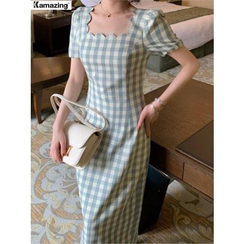 For Women Summer Square Collar French Style Plaid Short Sleeve Holiday Dresses