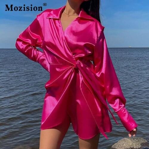 Mozision V Neck Bandage Shirt Dress Women Autumn Solid Full Sleeve Mini Dresses Femme Fashion Irregular Blouse Dress Streetwear