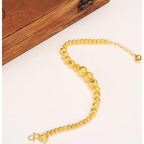 170MM + 40MM Lengthen Ball Bangle 18 k Real Solid Yellow G/F Fine Gold Round Beads Bracelets Jewelry Hand Chain heart pendant