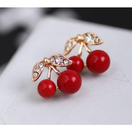 2020 New Fashion Cute Lovely Red Cherry Earrings Rhinestone Leaf Bead Stud Earrings For Woman Jewelry Boucle D'oreille Femme