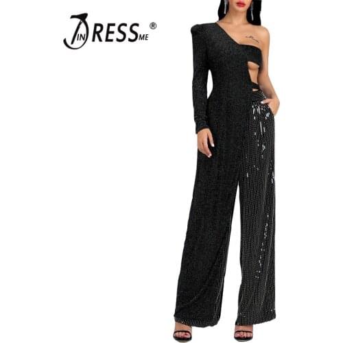 INDRESSME 2019 New Fashion Sexy 2 Two-Piece Sets One Shoulder Hollow Out Long Crop Top Sequined Loose Pants Women Party Jumpsuit