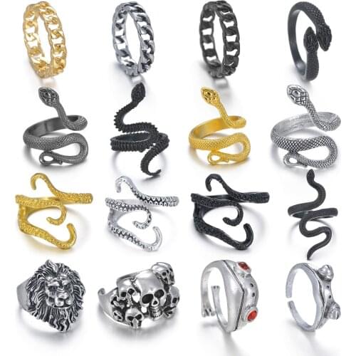 Ring For Women Girls Snake Lion Octopus Skull Link Rings Fashion Men Jewelry Vintage Ancient Punk Hip Hop Adjustable Boho Frog