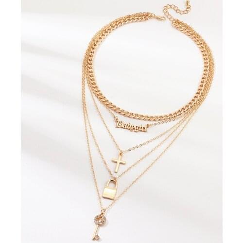 Fashion Jewelry Multi-layer Chain Necklace Metal Letters Cross Locket Key Pendant Necklace