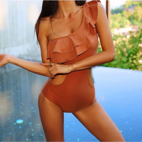 Korea Monokini Women One Piece Swimwear Solid Ruffle One Shoulder Swimsuit Padded Bathing Suit sexy Monokini beachwear