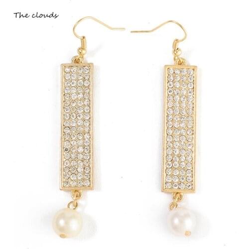 New Arrival Full Crystal Rhinestone Hollow Shield LongStud Earrings Fashion Fine Metal Imitation Pearl TasselEarring Jewelry