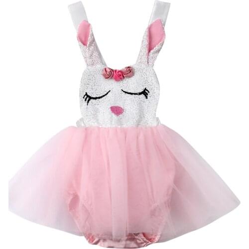 New Years Pretty Cute Infant Kids Baby Girls Romper Dress Rabbit Print Lace Patchwork Sleeveless Jumpsuits Dress