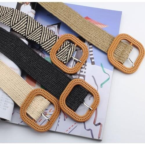 Vintage Boho Braided Waist Belt Summer Solid Female Belt Round Wooden Smooth Buckle Fake Straw Wide Belts For Women Hot Sale