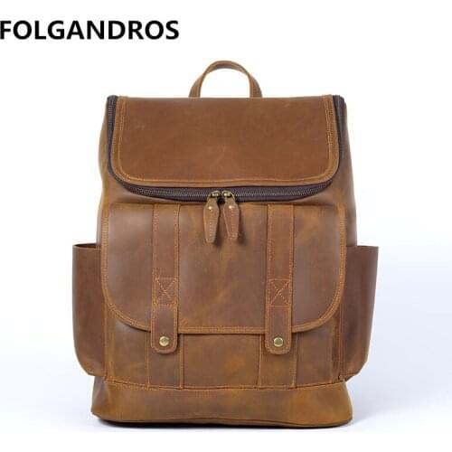 Mens Vintage Crazy Horse Genuine Leather Backpack Large Capacity 15" Laptop Rucksack Cow Leather School Bag Travel Backapack