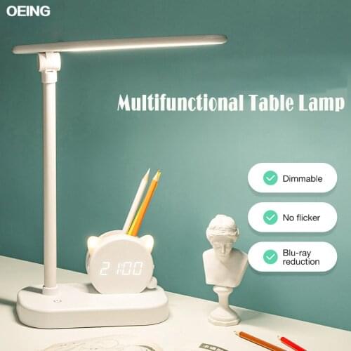 LED Desk Lamp Dimmable Eye Protection Table Lamp Pen Holder With Clock USB Charging Suitable For Bedroom Study Student Dormitory