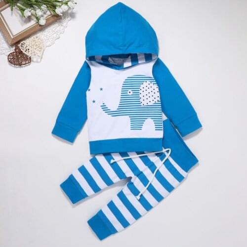 Spring Autumn Cute Baby Boy Sweatshirt Set Two-Piece Suit Infant Kids Outfits Elephant Print Hooded Top + Striped Trousers