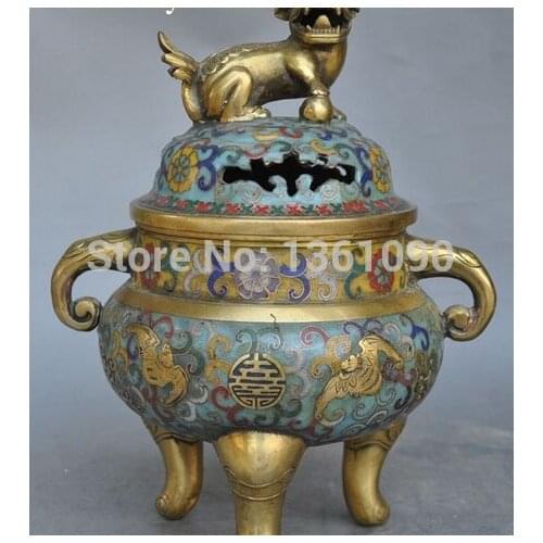 Xd 001088 10"Chinese Bronze Cloisonne Enamel fu foo dog lion Lucky Incense Burner Censer
