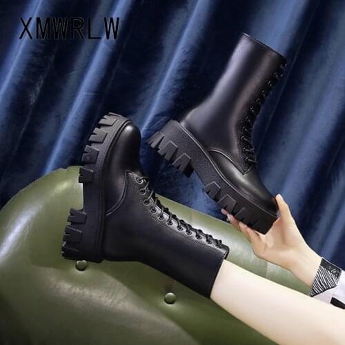 XMWRLW PU Leather Women Mid-Calf Boots 2020 Autumn Fashion High Heels Women Wedges Shoe Ladies Autumn Platform Shoes Woman Boots