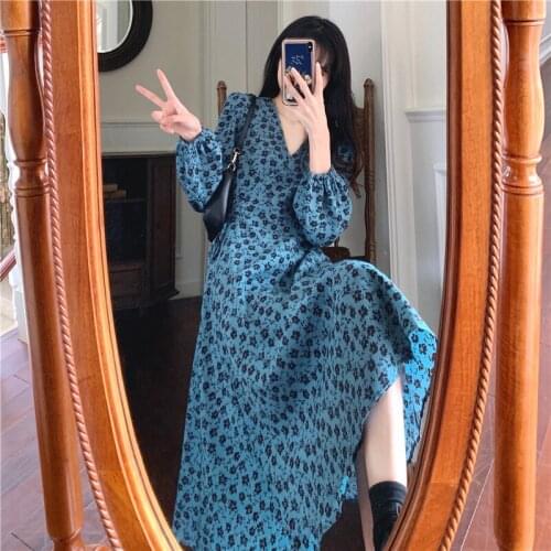 CINESSD Womens Summer V-Neck Floral Dresses Elegant Casual Long Sleeve Vestido Maxi Beach Vestir Belt Lady Fashion Print Dress