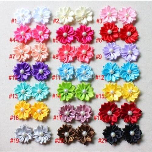 1.5" Ribbon Flowers With Pearl DIY Flowers Flower Hair Accessories 200Pcs Free Shipping