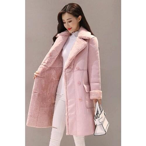 AECU Warm Womens Faux Leather Coat Plus Thickened Long Sleeved Plus Size Female Coat Fur Coat With Pocket Female Warm Outwear