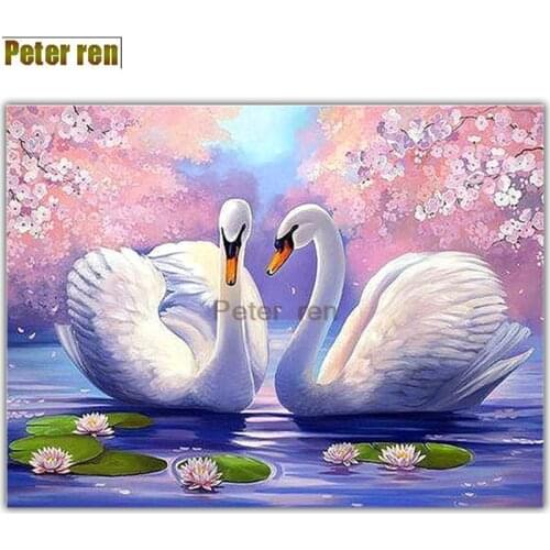 Peter ren diamond painting cross stitch D Diamond drawing Swan lotus living room round diamond Full embroidery Peach Swan Lake