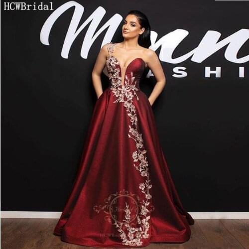 Glitter Wine Red Long Evening Formal Dress With Pockets One Shoulder Beading Appliques Saudi Sexy Arabic Women Prom Party Gowns