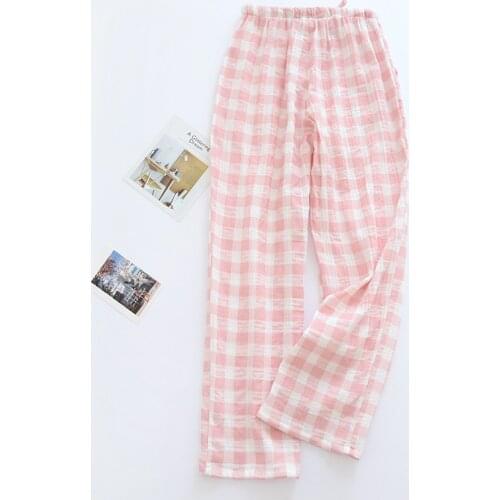 Women’s Spring and Summer Cotton Crepe Long Pants Female Trousers Grid Pattern Home Living Wear