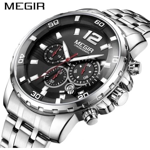 MEGIR 2021 New Fashion Mens Waterproof Calendar Multifunctional Sports Steel Band Quartz Stainless Steel Strap Watches 2068G