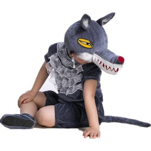 Promotion Child Kigurumi Romper Animal Wolf Cosplay Costume Deep Gray Cartoon Jumpsuit