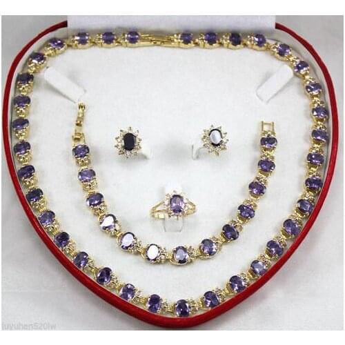 Fine real new Fashion Cubic Zirconia Trendy Jewelry %Purple Crystal new necklace bracelet earring Ring Jewelry Sets