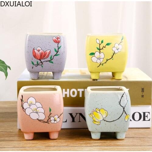 Square Succulent Flower Pot with Foot Ceramic Flower Pot Desktop Potted Simple Breathable Plant Flower Pot Home Decoration