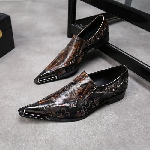 Luxury Brand Italian Shoes Men Leather Loafers Iron Steel Toe Metallic Mens Low Heels Snake Skin Dress Wedding Shoes Rivers