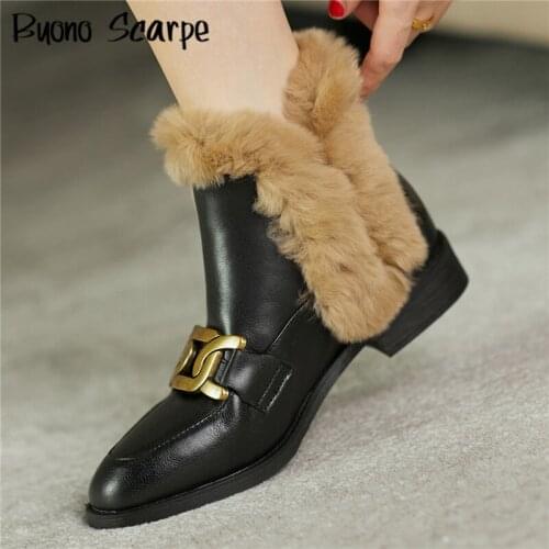 Fashion Casual Rabbit Fur Ankle Boots Genuine Leather Square Heel Round Toe Short Boots Handmade Metal Decoration Women Shoes