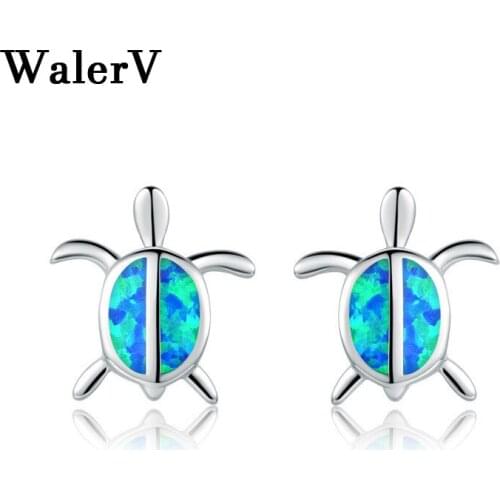 WalerV New for Womens Set Fashion Lovely A Pair of Turtles Imitation Blue Fire Opal Ear Nails Charm Jewelry Gift