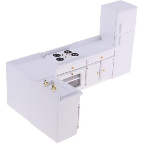 Miniature Kitchen White Wooden Cabinet Set Kit and Fridge 1:12 Dollhouse Furniture
