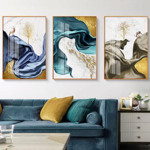 Nodic Wall Pictures for Living Room Aisle Flying Ribbon with Tree Deer Oil Painting Abstract Posters and Prints Canvas Painting
