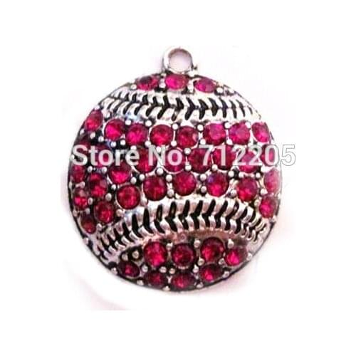 New fashion 50pcs a lot antique silver color zinc with sparkling crystals Baseball or Softball Red Crystal Pendant