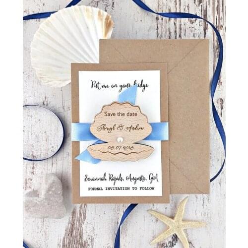 Personalized seashell Wedding Announcement invitation cards with wooden Save the Date Magnets engagement party favors gifts