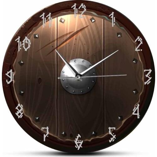 Barbarian Shield Indoor Silent Movement Wall Clock Cave Home Decor 3D Vision Hanging Wall Watch Viking Barbarian Medieval Man