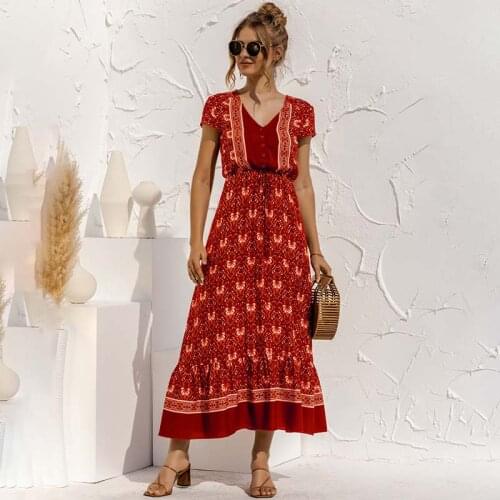 Vintage Print V Neck Short Sleeve Button High Waist Dress Women Casual Streetwear Loose Plus Size Beach Party Long Dresses