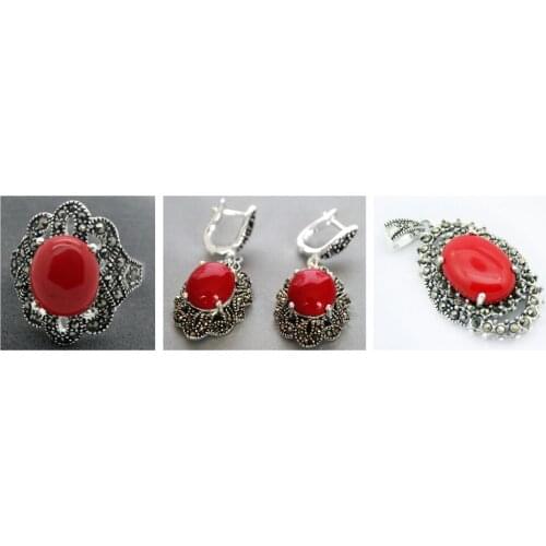 Ladys Red Carved Lacquer Marcasite 925 Sterling Silver Ring(#6-9) Earrings & Pandent jewelry