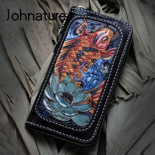 Johnature High Quality Handmade Carved Genuie Leather Women Wallet 2020 New Retro Long Wallet Card Holder Multi-card Purse