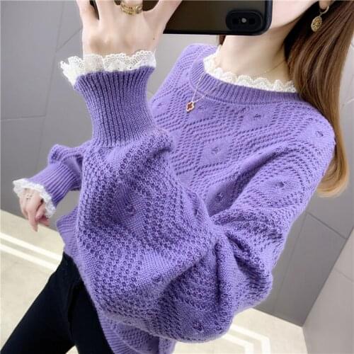 Winter New O Neck Lace Hollow Knitted Sweater Women Long Sleeve Loose Pullovers Warm Clothes Pull Femme 2021 Fall Korean Tops