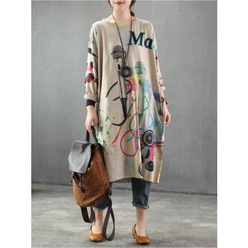 Spring Dress Retro Loose Women New Knitting Dress 2019 Ladies O-Neck Print Pattern Vintage Streetwear Casual Dress
