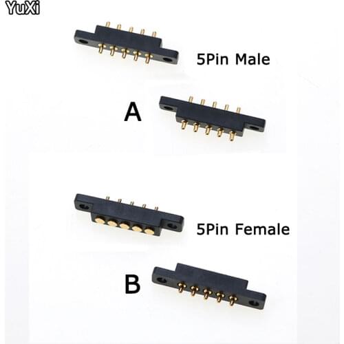 1Pcs Female Male Spring Loaded Connector Pogo Pin 5 Pin 2.54 mm Pitch Through Holes With Flange Panel Mount Single Row Strip
