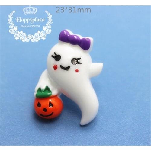 10pcs Resin Halloween Ghost Girly Boo with Pumpkin Flatback Cabochon Miniature Art Supply Decoration Charm Craft,23*31mm