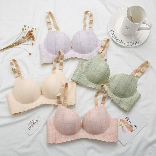 Slimgril Students Seamless Wire Free Bra Comfortabler Push-up Cup Yong Lady Plunge Padded PlaidUnderwear Sexy Lingerie 4 Colors