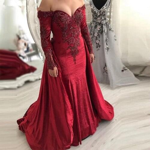 Burgundy Muslim Evening Dresses Mermaid Sweetheart Long Sleeves Beaded Dubai Saudi Arabic Long Evening Gown