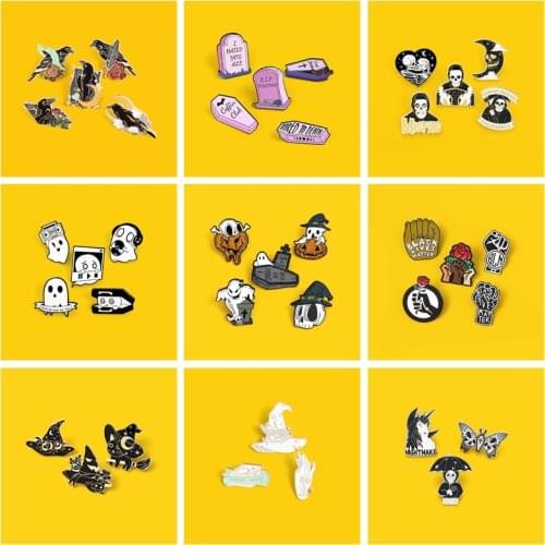 3-6Pcs/Set Dark Witch Devil Skull Brooch Collection Enamel Pins Bat Skeleton Coffin Pin Badge Punk Series Halloween Gift Jewelry