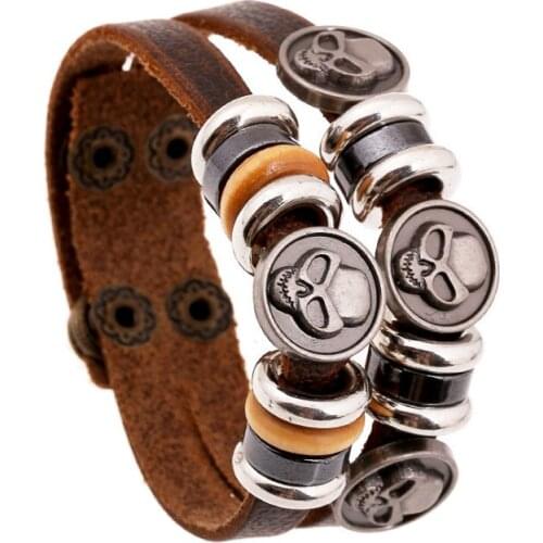 Gothic Punk Rock Men Bracelet Cuff Metal Alien Charms Leather Bangle Wrap Retro Wristbands Fashion Vintage Unisex Hiphop Jewelry