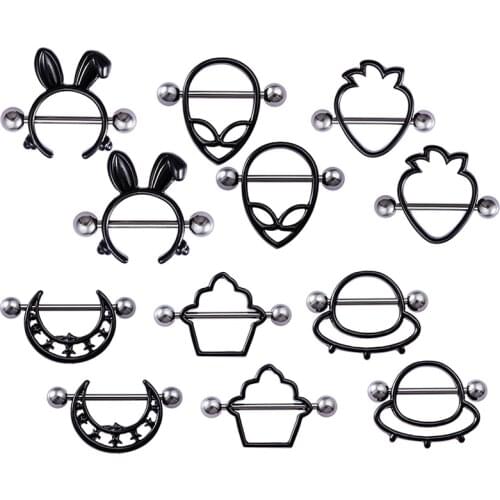 2pcs Alien Rabbit Moon Nipple Piercing Ring Barbell Shield Bar Rings Stainless Steel for Women Sexy Body Breast Jewelry Gift 14G