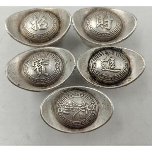 Collection China Archaize Qing Dynasty White Copper Silver Plated Zhao Cai Jin Bao Ingot Statue Decoration